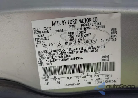 2010 Ford Explorer Sport Trac Xlt из США, поврежденный, VIN 1FMEU3BE0AUA54344